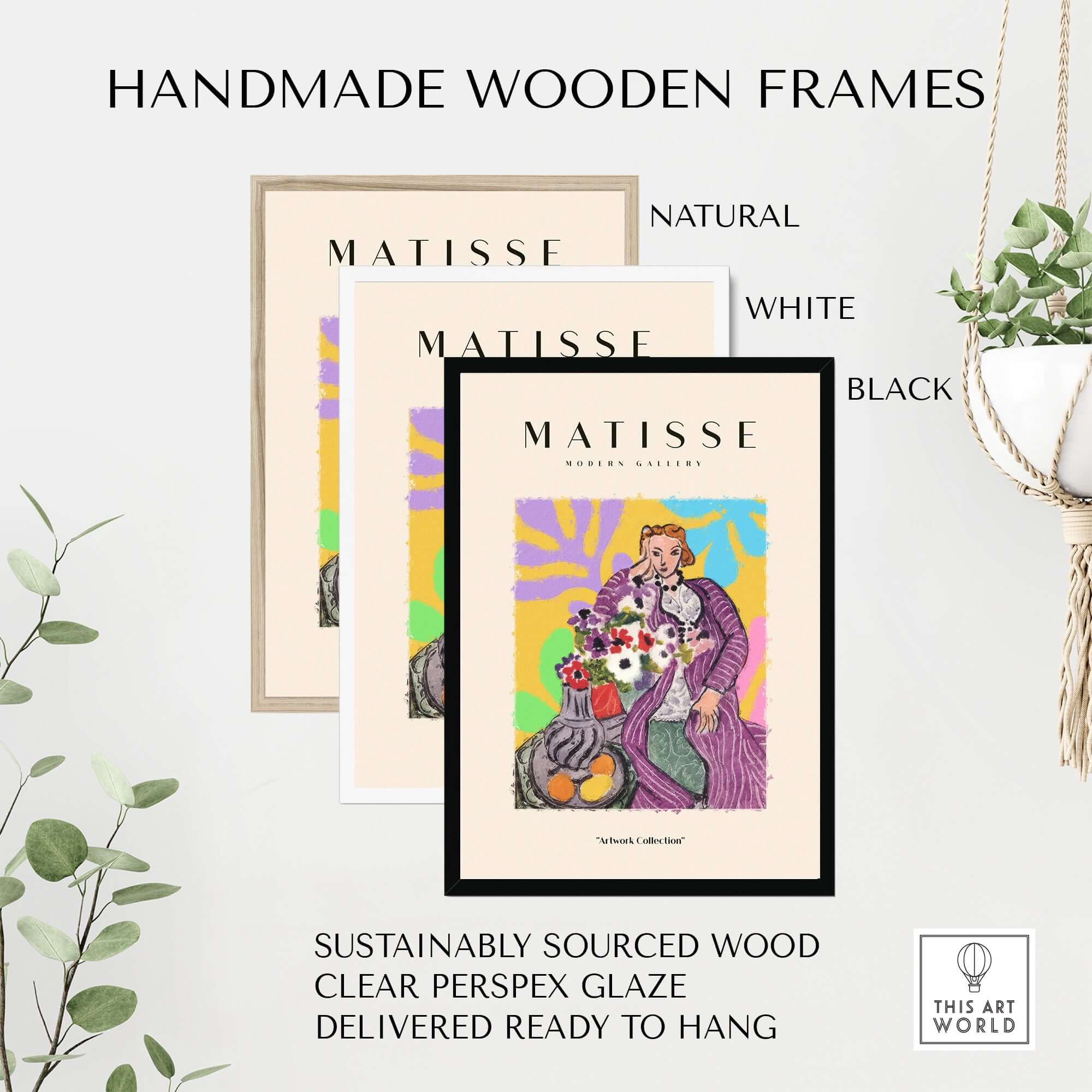 Matisse Art Prints - Stylized Woman with Flowers Fruit Still Life Interior Poster showcased in handmade wooden frames.