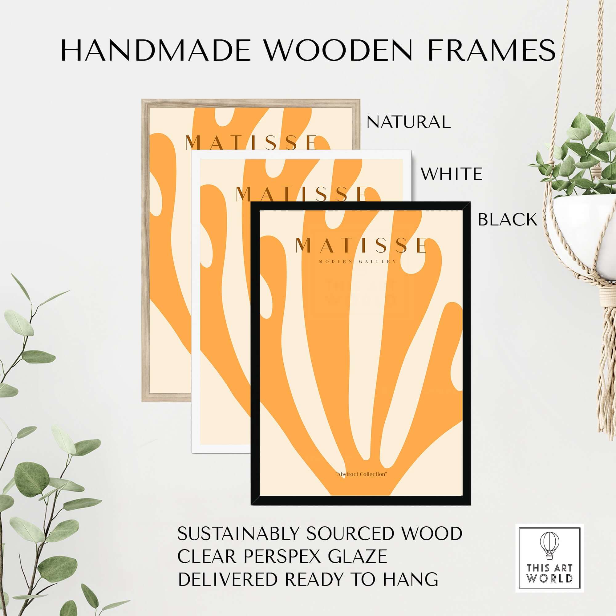 Handmade wooden frames for Matisse Art Prints - Orange Fan Coral Abstract Shape Poster in natural, white, and black finishes.