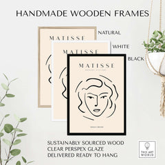 Matisse Art Prints - Abstract Line Face Drawing in handmade wooden frames featuring natural, white, and black colors.