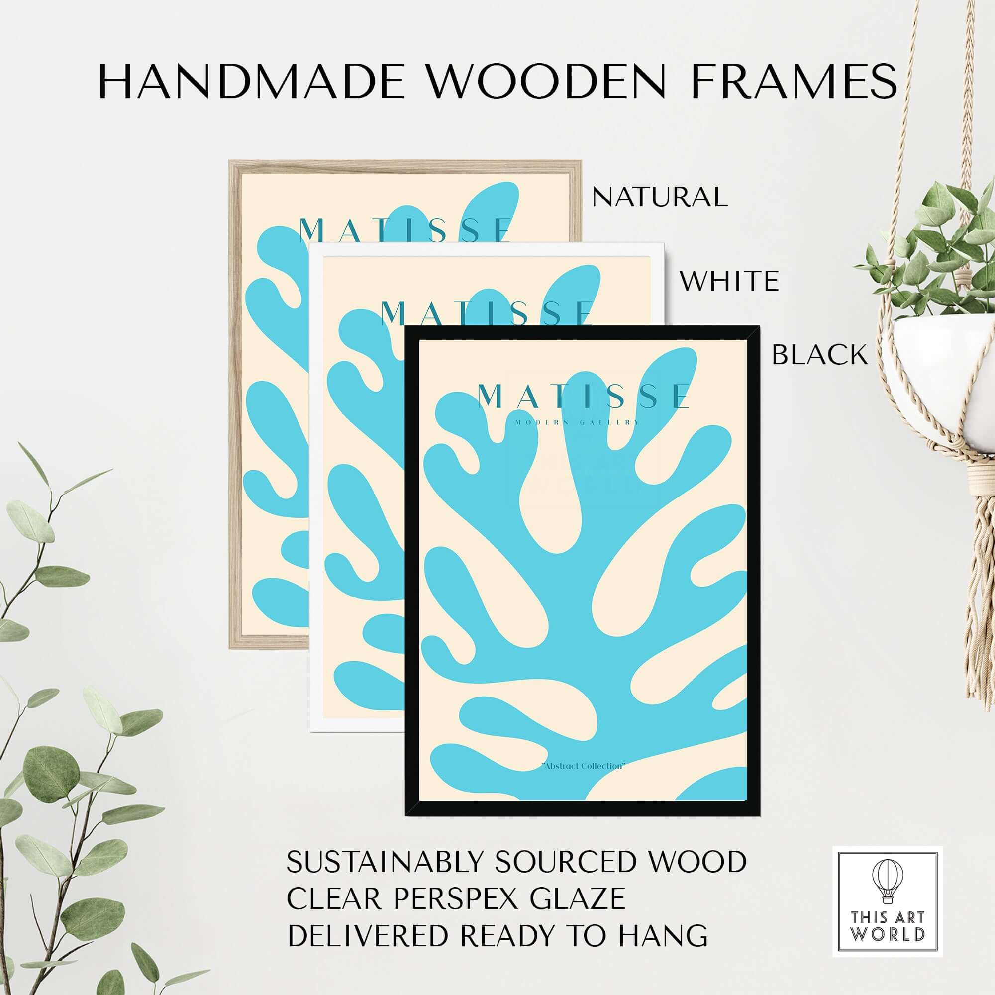 Matisse Art Prints -  Blue Coral Abstract Botanical Art Print Poster showcased in handmade wood frames in natural, white, and black.