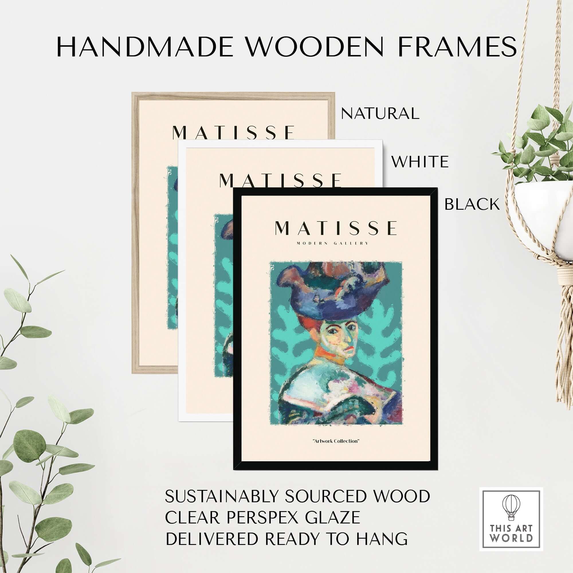 Matisse Art Prints - Woman Large Hat Portrait Teal Background Poster displayed in handmade wooden frames.
