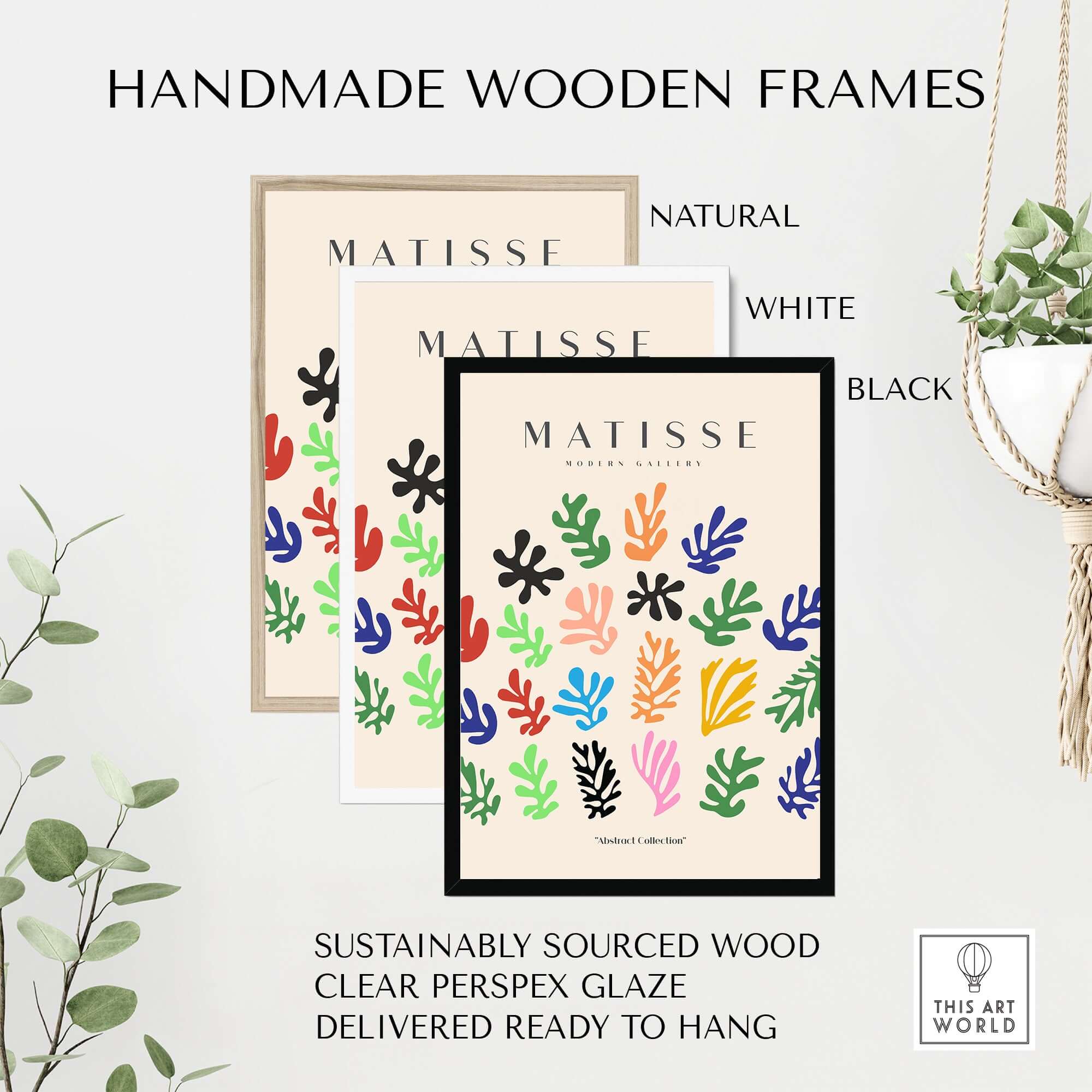 Matisse Art Prints - Colorful Abstract Shapes Scatter Print displayed in handmade wooden frames in natural, white, and black.
