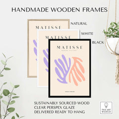 Matisse Art Prints - Purple Peach Abstract Leaves Poster with handmade wooden frames in natural, white, and black colors.