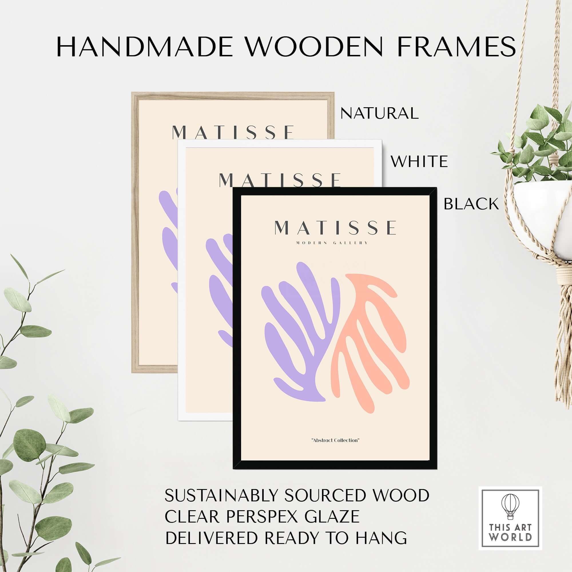Matisse Art Prints - Purple Peach Abstract Leaves Poster with handmade wooden frames in natural, white, and black colors.