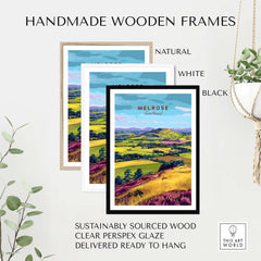 Handmade wooden frames in natural, white, and black styles for Scotland Eildon Hills Landscape Travel Print.