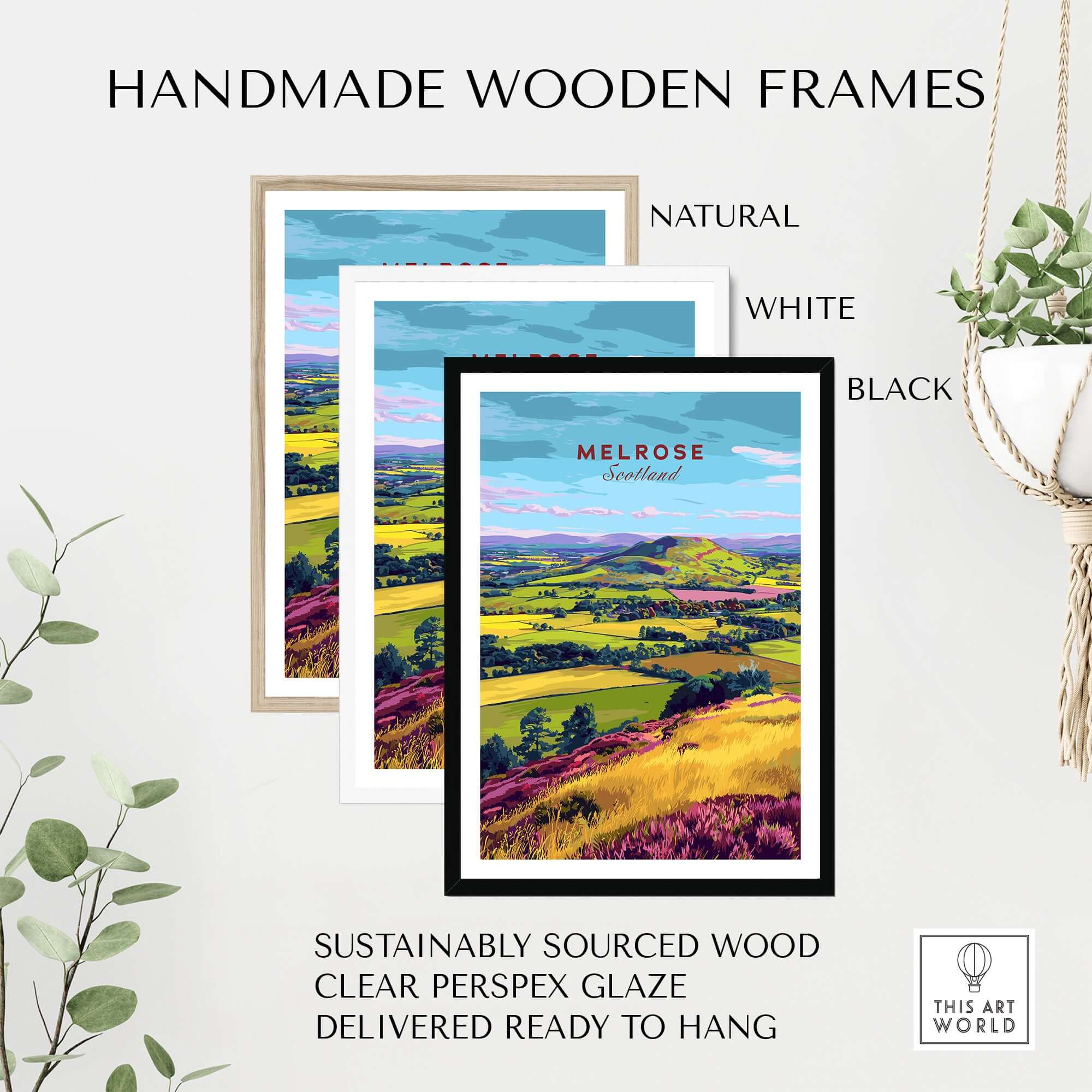Handmade wooden frames in natural, white, and black styles for Scotland Eildon Hills Landscape Travel Print.