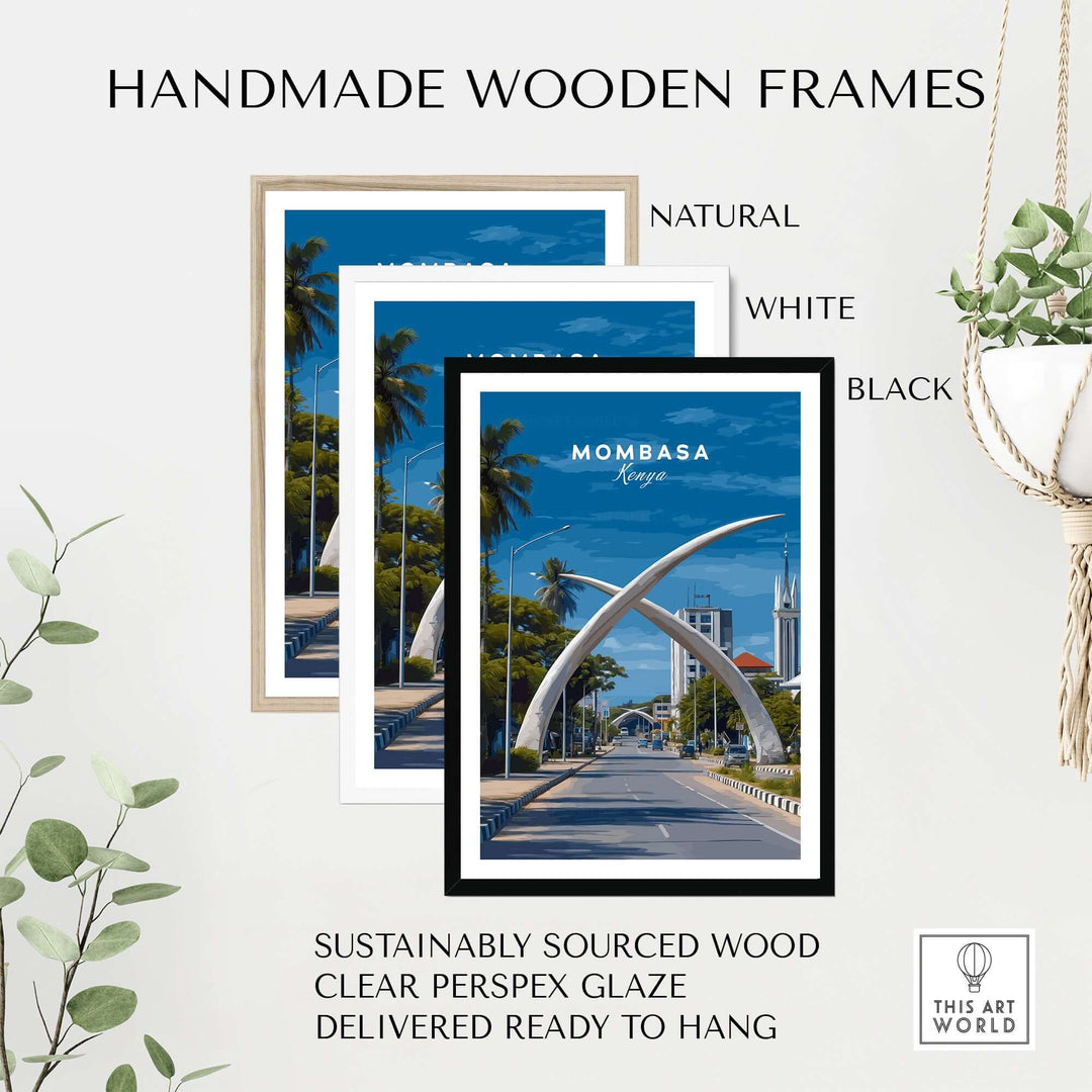 Handmade wooden frames in natural, white, and black, featuring Mombasa print, crafted from sustainably sourced wood.
