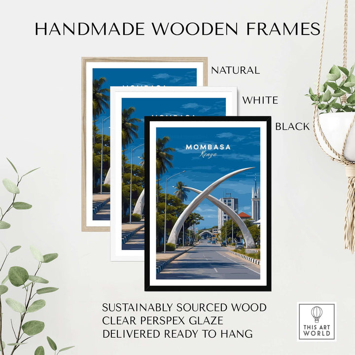 Handmade wooden frames in natural, white, and black, featuring Mombasa print, crafted from sustainably sourced wood.