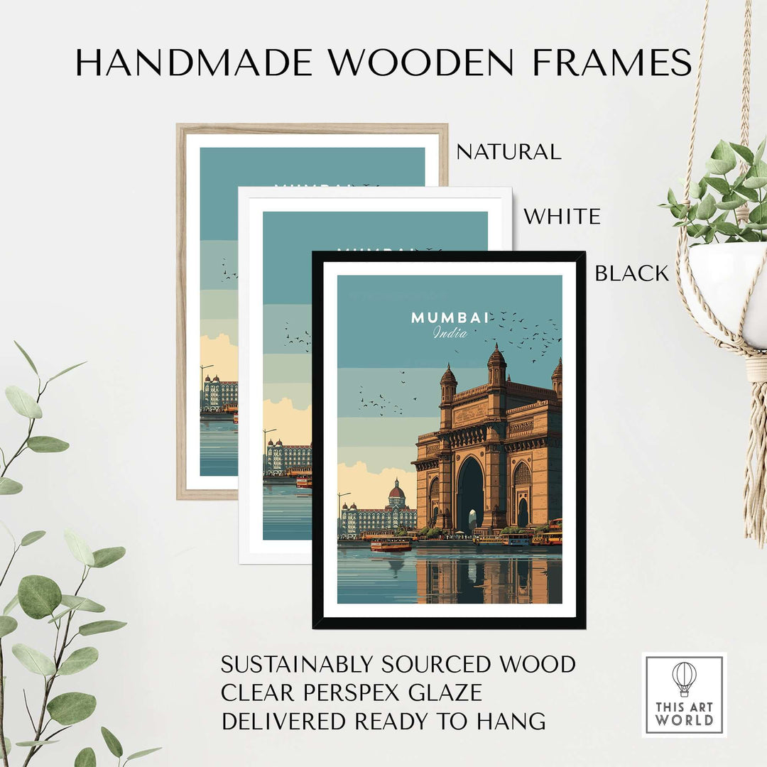 Handmade wooden frames in natural, white, and black for Mumbai Gateway of India print, ready to hang.