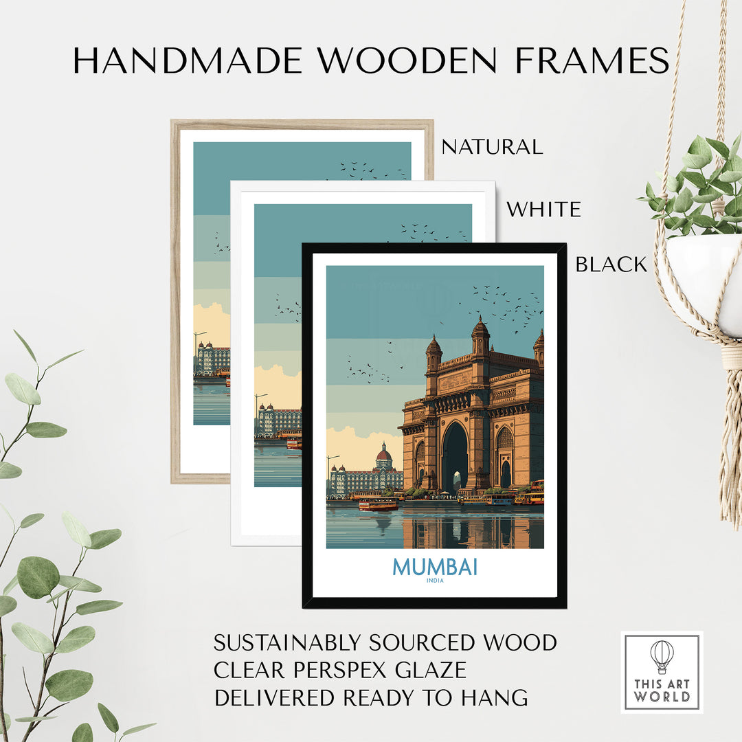Handmade wooden frames for Mumbai travel print in natural, white, and black finishes, ready to hang.