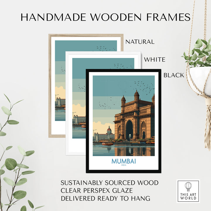 Handmade wooden frames for Mumbai travel print in natural, white, and black finishes, ready to hang.
