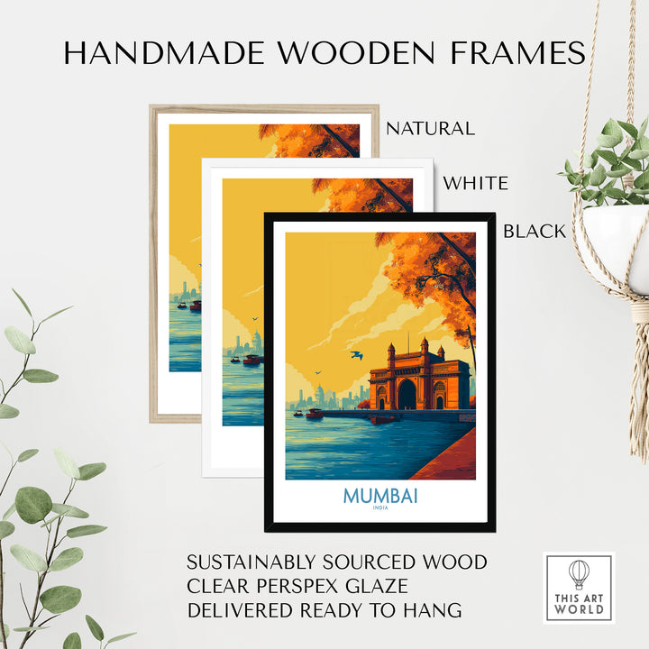 Handmade wooden frames in natural, white, and black for Mumbai wall art with sustainable wood and clear glaze, ready to hang.