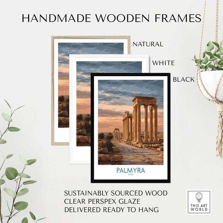 Handmade wooden frames for Palmyra architectural art print, available in natural, white, and black finishes.