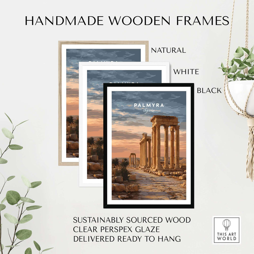 Handmade wooden frames in natural, white, and black for Palmyra Art Print, sustainably sourced and ready to hang.