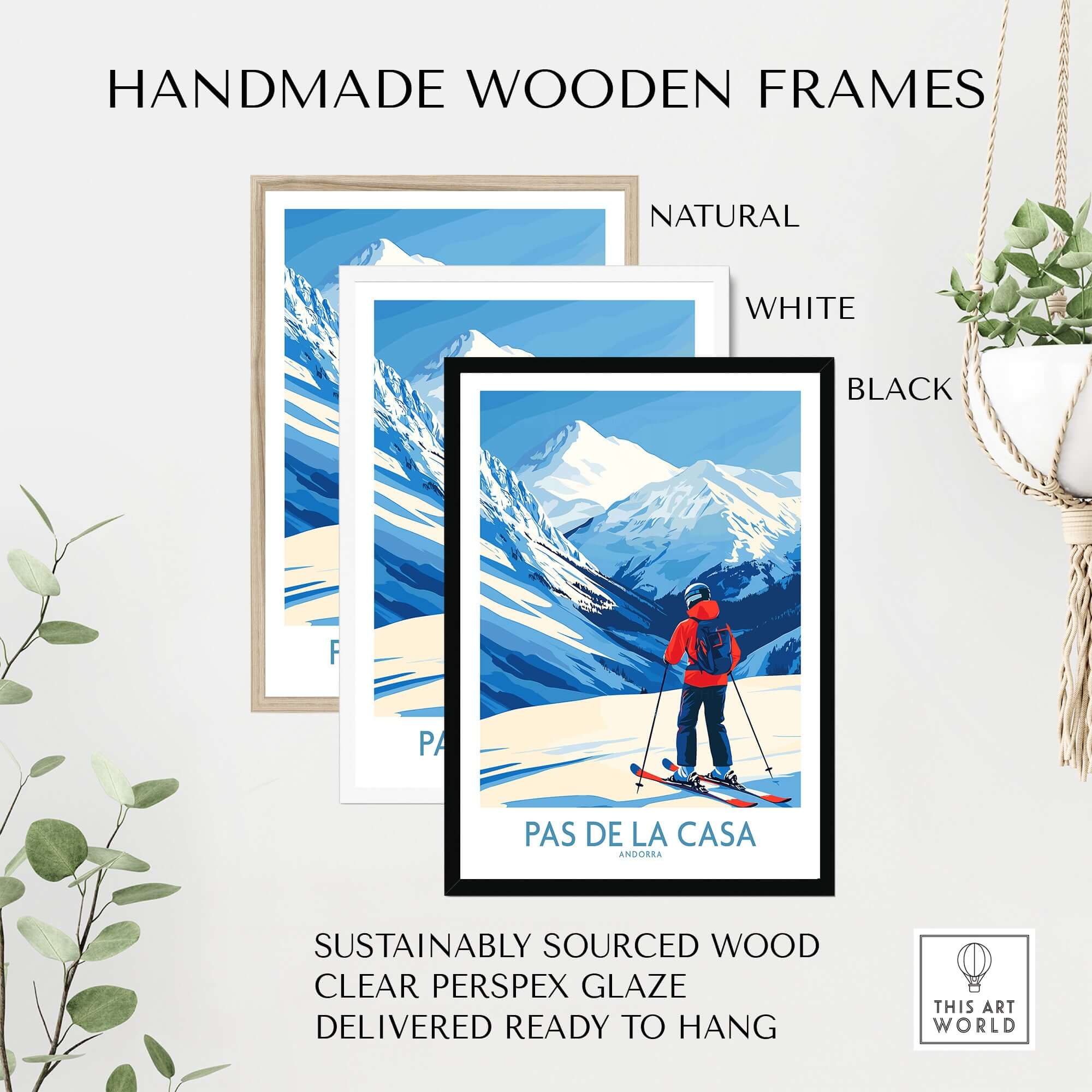 Pas de la Casa Andorra Print | Pyrenees Skiing Poster in handmade wooden frames - natural, white, black options.