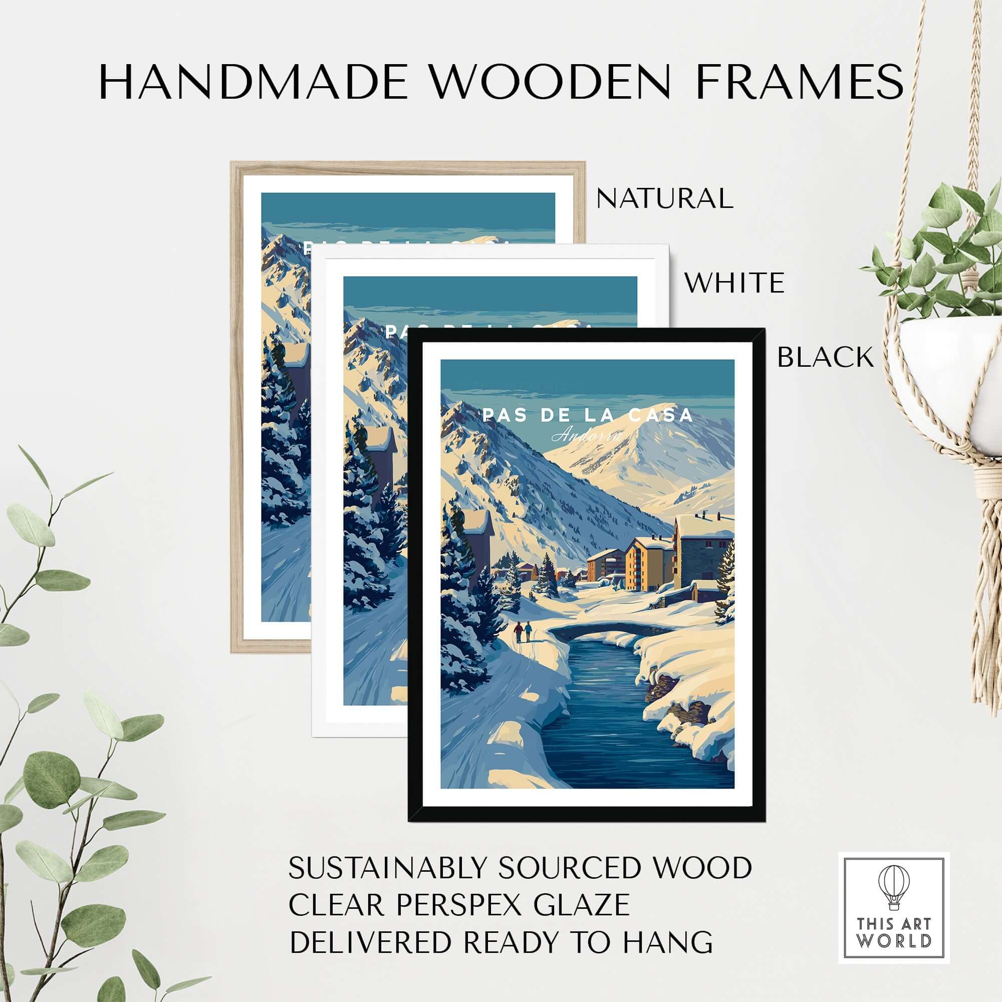 Pas de la Casa Pyrenees Ski Town View Print | Winter Landscape Home Decor in handmade wooden frames.