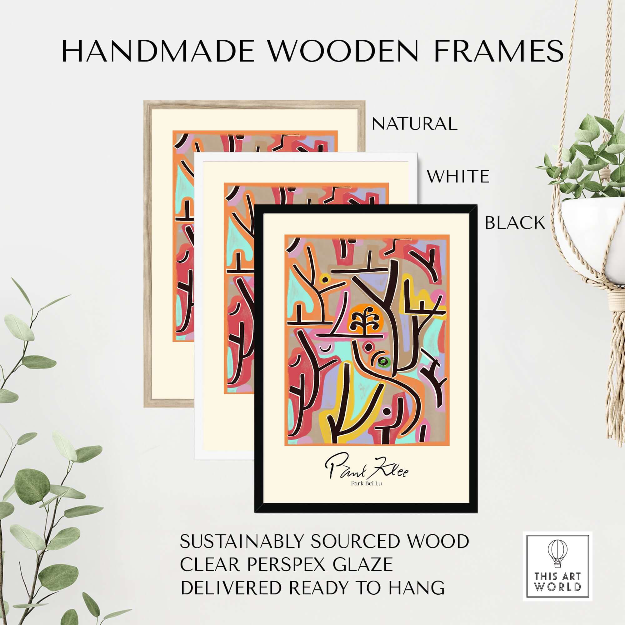 Handmade wooden frames for art prints in natural, white, and black options, made with sustainably sourced wood.