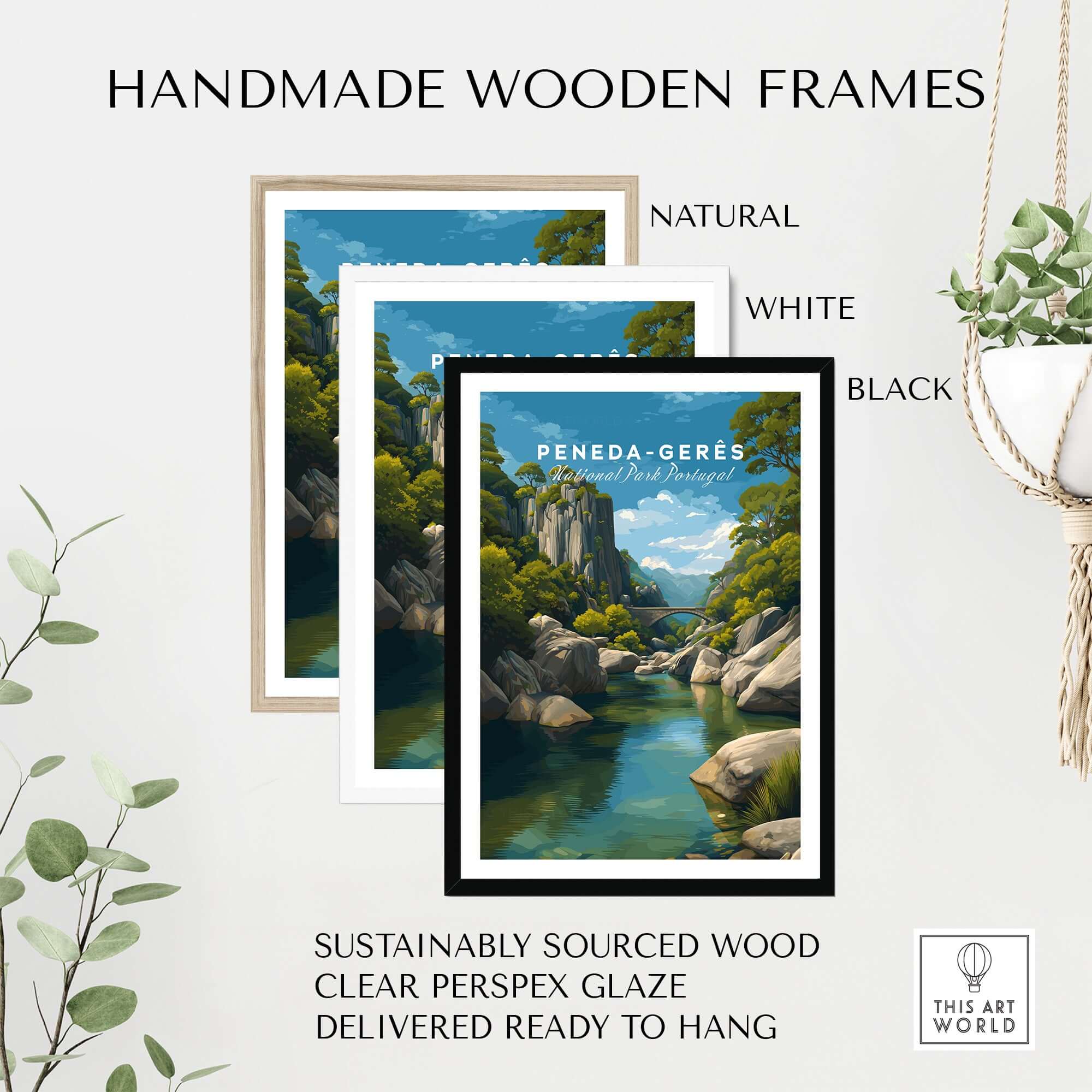 Peneda-Gerês Portugal Print | Mountain Park Wall Decor displayed in natural, white, and black handmade wooden frames.