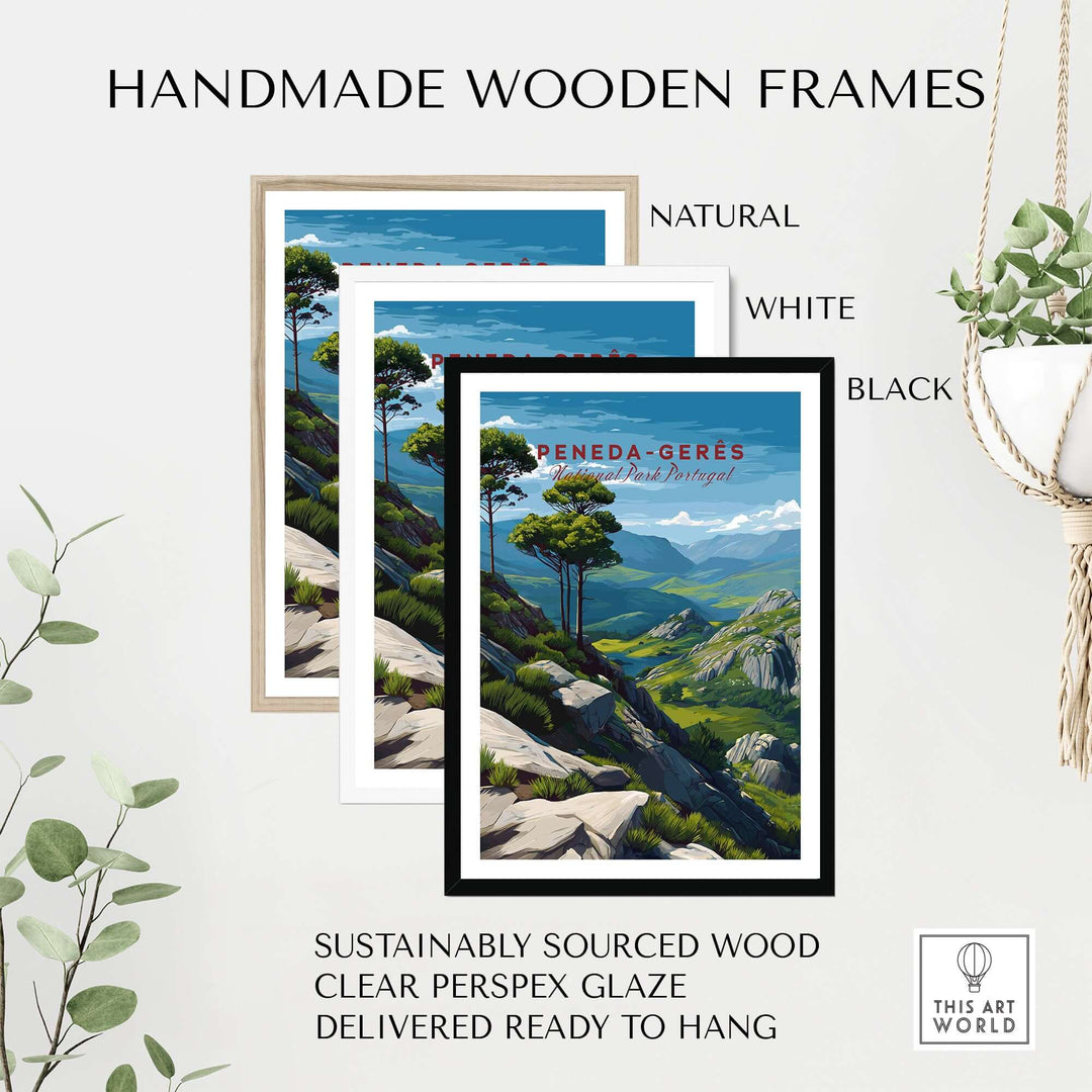Handmade wooden frames for Peneda-Gerês Portugal Serra do Gerês View Print | Nature Park Wall Decor in natural, white, and black.
