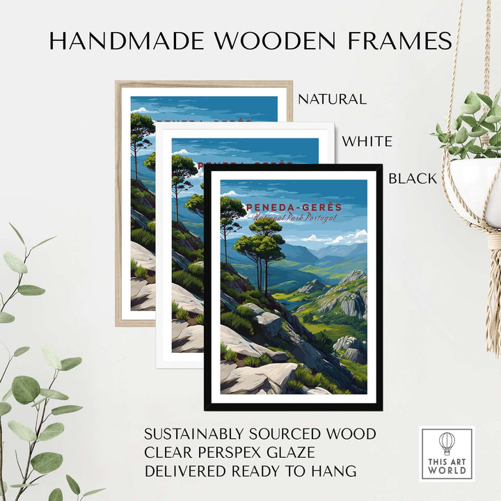 Handmade wooden frames for Peneda-Gerês Portugal Serra do Gerês View Print | Nature Park Wall Decor in natural, white, and black.