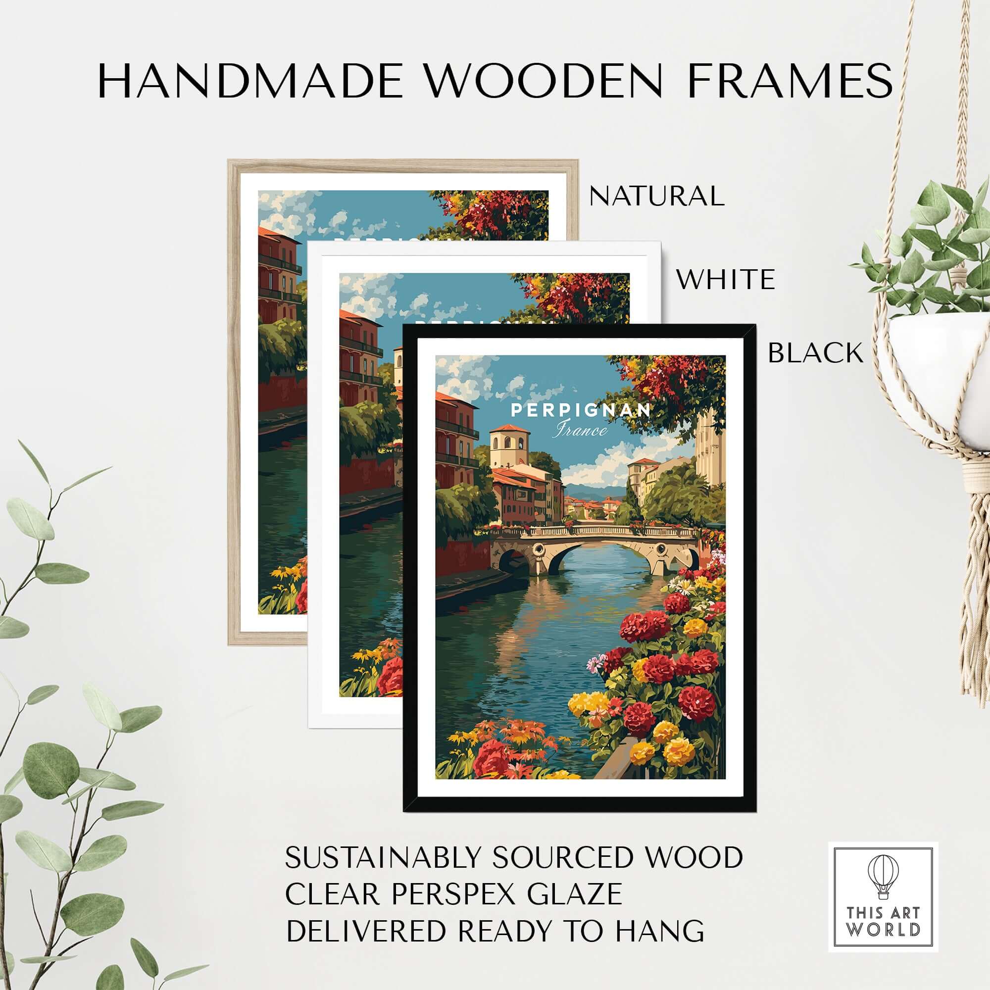 Perpignan Cityscape Art Print - French Village Poster - River Le Basse Wall Decor in handmade wooden frames.