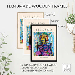 Handmade wooden frames in natural, white, and black for Picasso art prints, sustainably sourced wood, ready to hang.