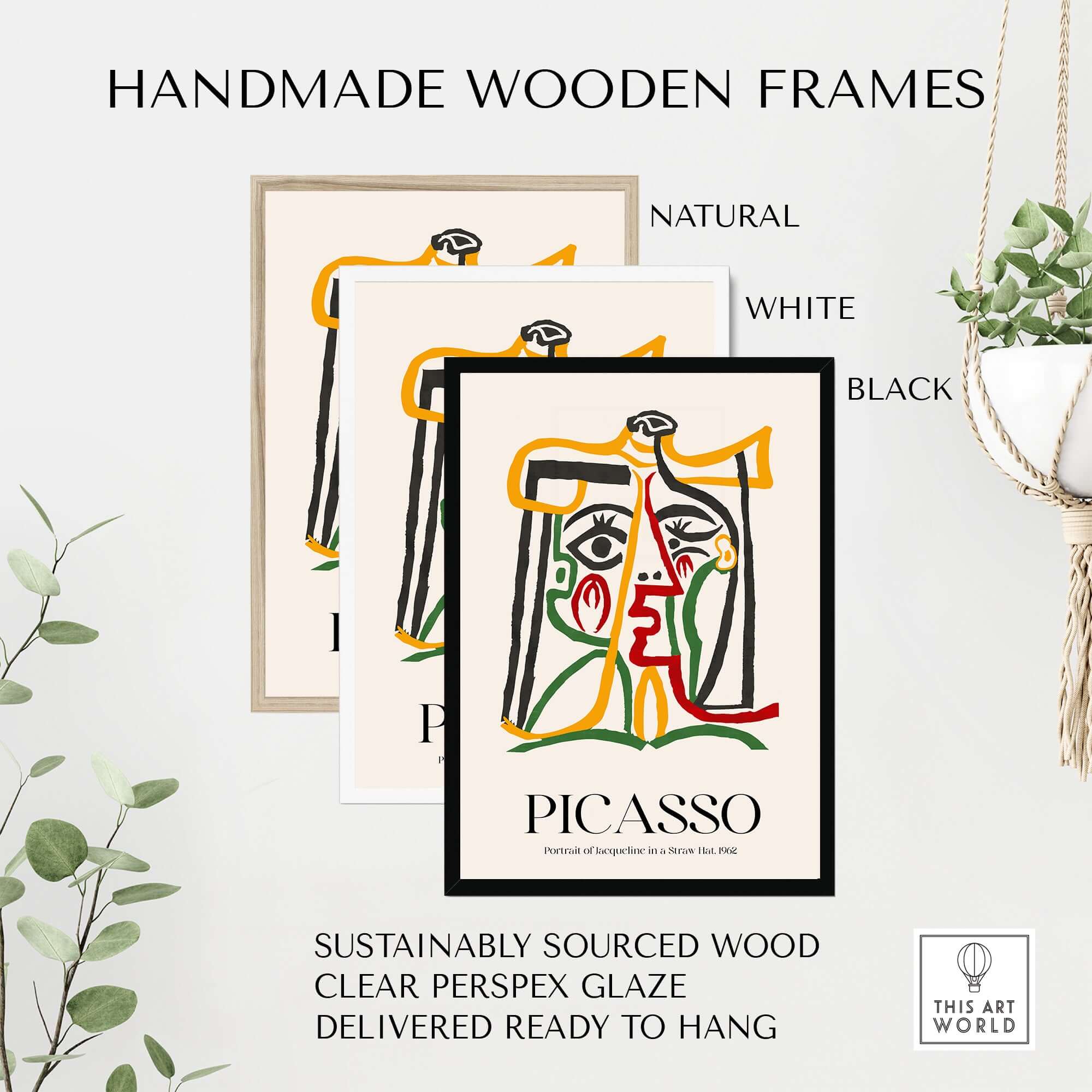 Handmade wooden frames in natural, white, and black for Picasso Portrait Jacqueline Straw Hat 1962 Abstract Line Art Print Colorful Poster.