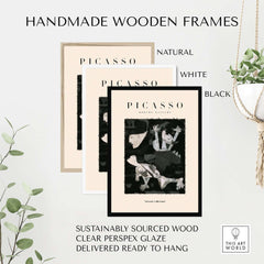 Handmade wooden frames in natural, white, and black styles, each showcasing a Picasso print.