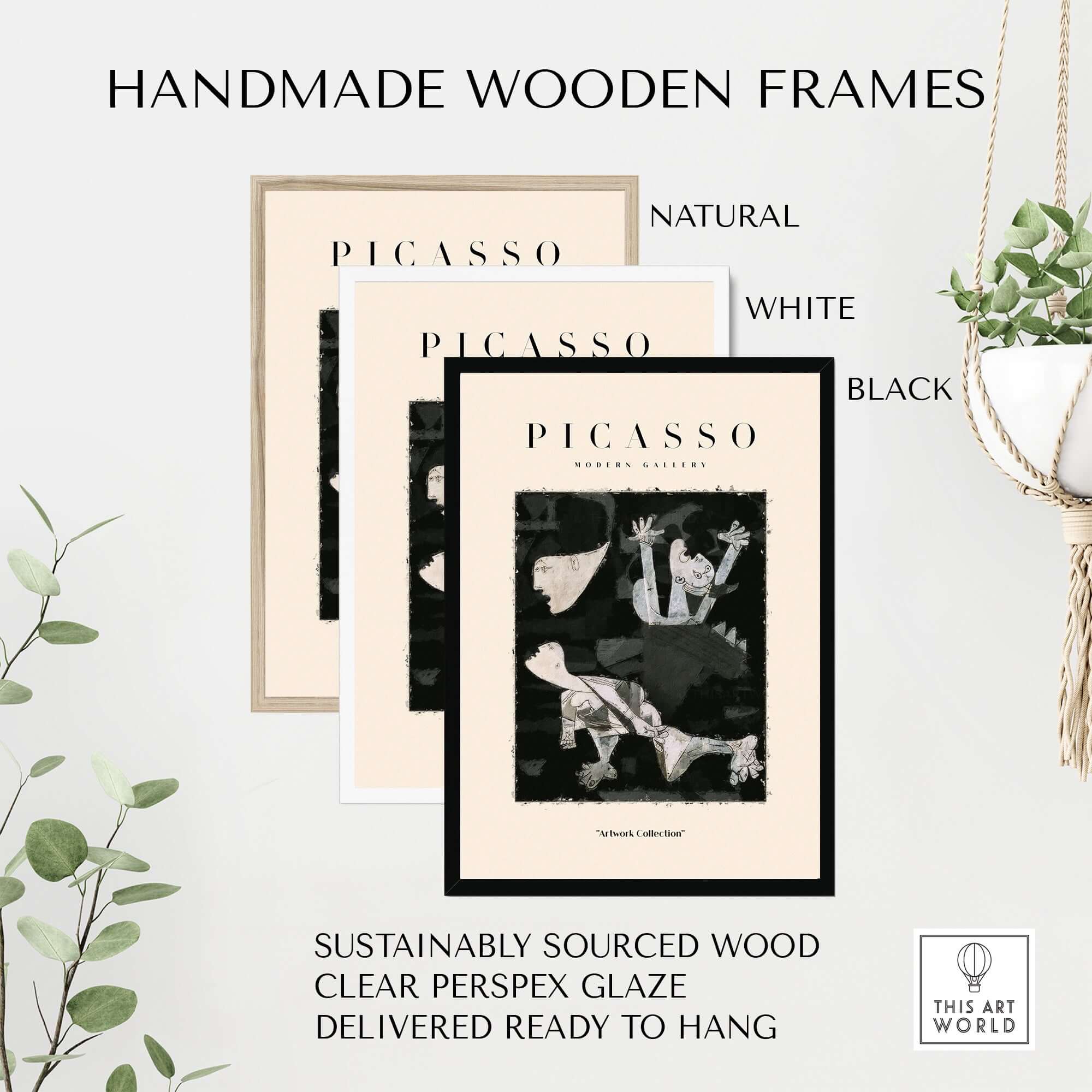 Handmade wooden frames in natural, white, and black styles, each showcasing a Picasso print.
