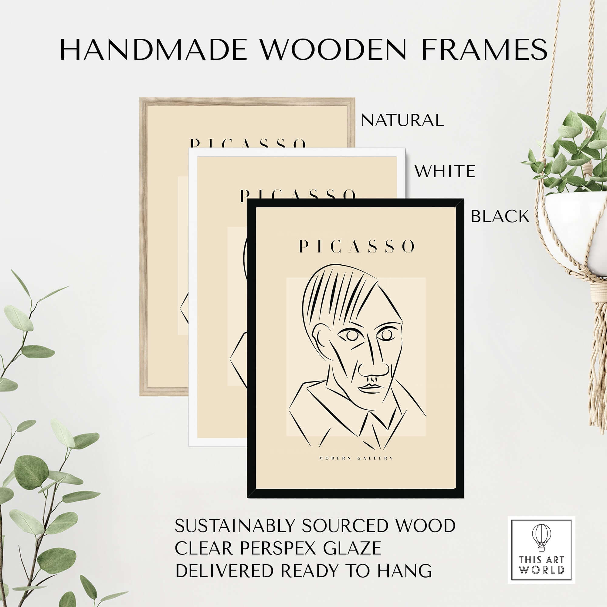 Picasso Man Portrait Sharp Lines Abstract Face Poster Modern Gallery Print Wall Art framed in handmade wooden frames.