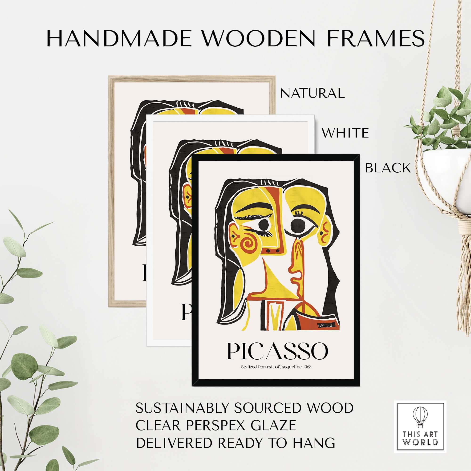 Handmade wooden frames for Picasso Stylized Portrait Jacqueline 1962 Abstract Art Print Yellow Red Poster in natural, white, and black.