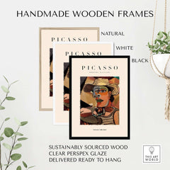 Handmade wooden frames for Picasso Man Straw Hat Abstract Portrait Art Print Cubist Poster Artwork Collection in natural, white, black.