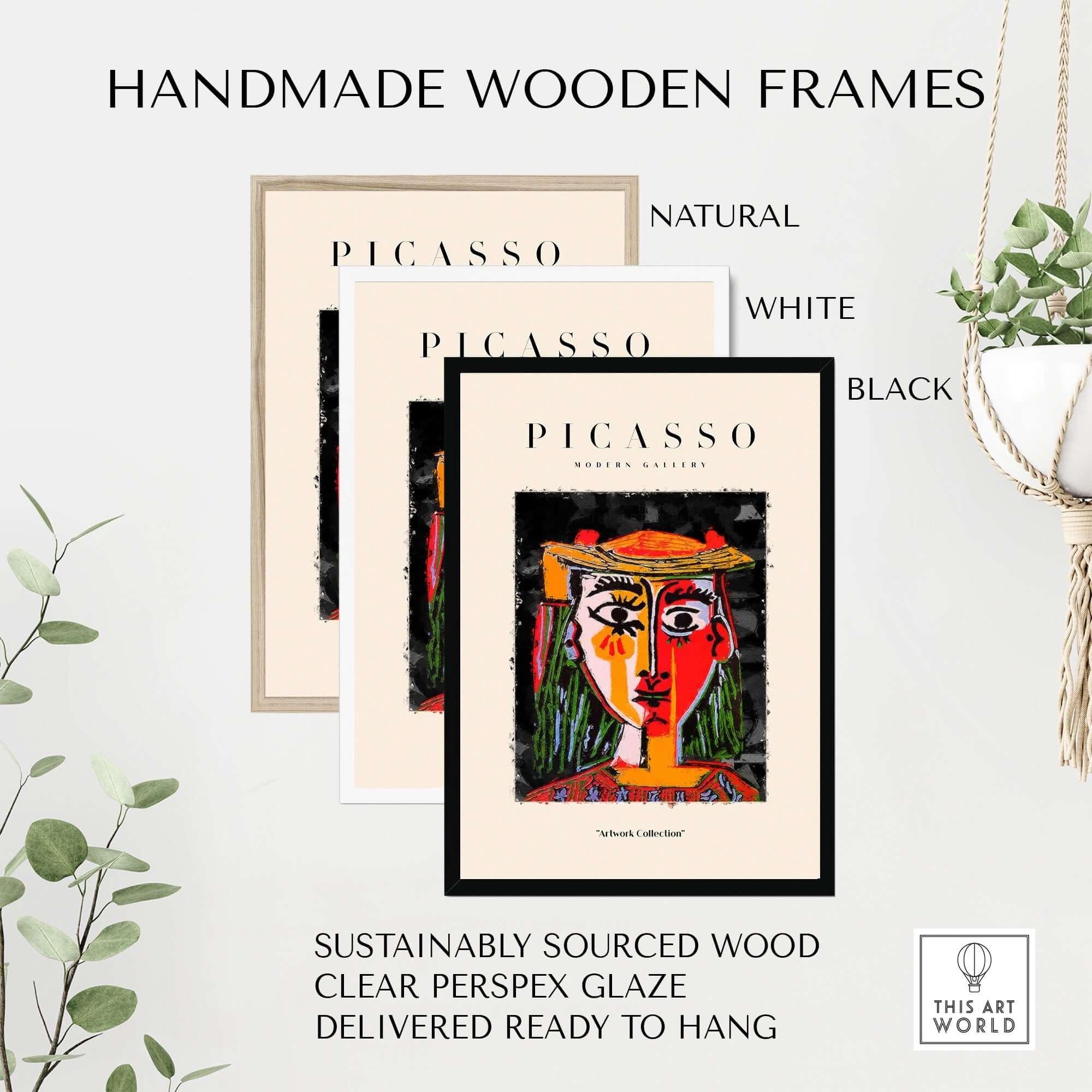 Handmade wooden frames in natural, white, and black for Picasso Woman in Hat Red Yellow Face Portrait Poster Colorful Abstract Artwork Print.