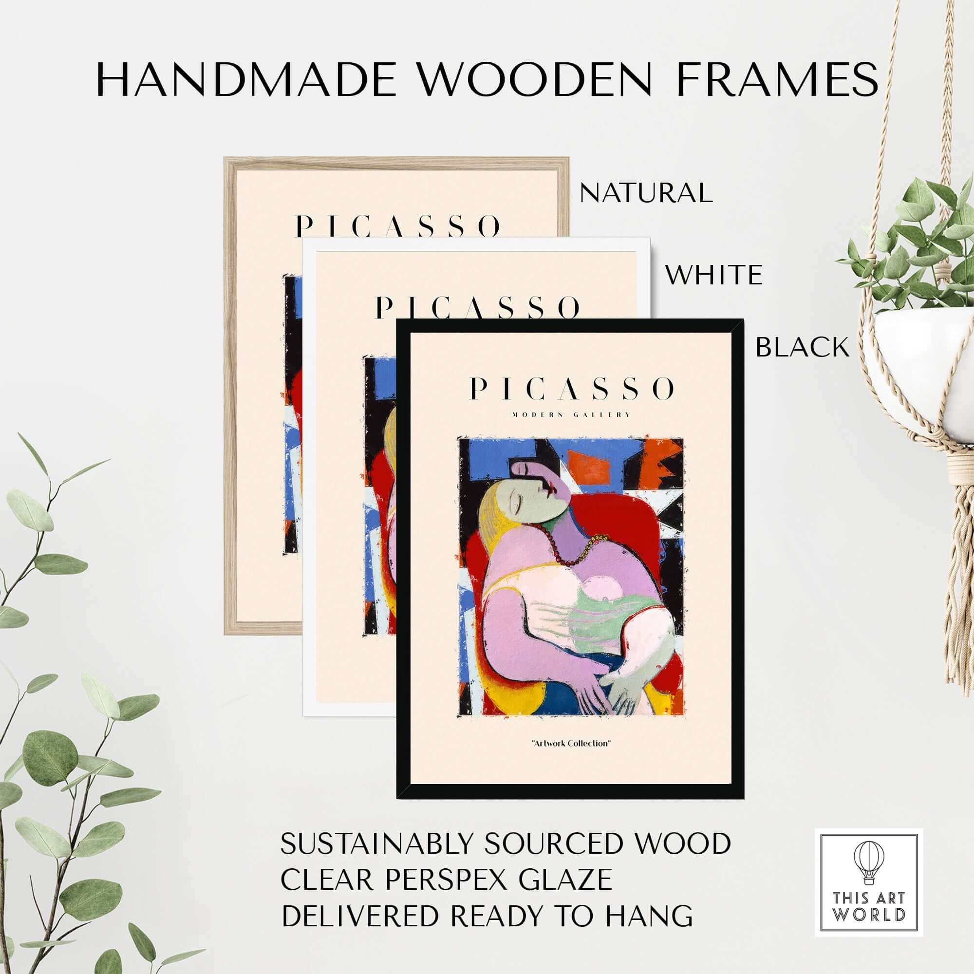 Handmade wooden frames in natural, white, and black for Picasso Le Rêve Inspired Reclining Woman Art Print Cubist Poster Artwork Collection.