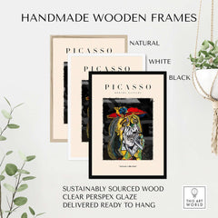 Handmade wooden frames in natural, white, and black with Picasso art print, sustainably sourced wood, ready to hang.