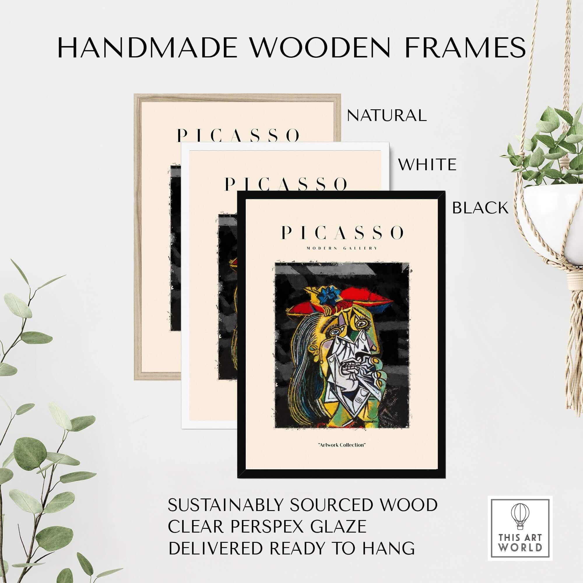 Handmade wooden frames in natural, white, and black with Picasso art print, sustainably sourced wood, ready to hang.