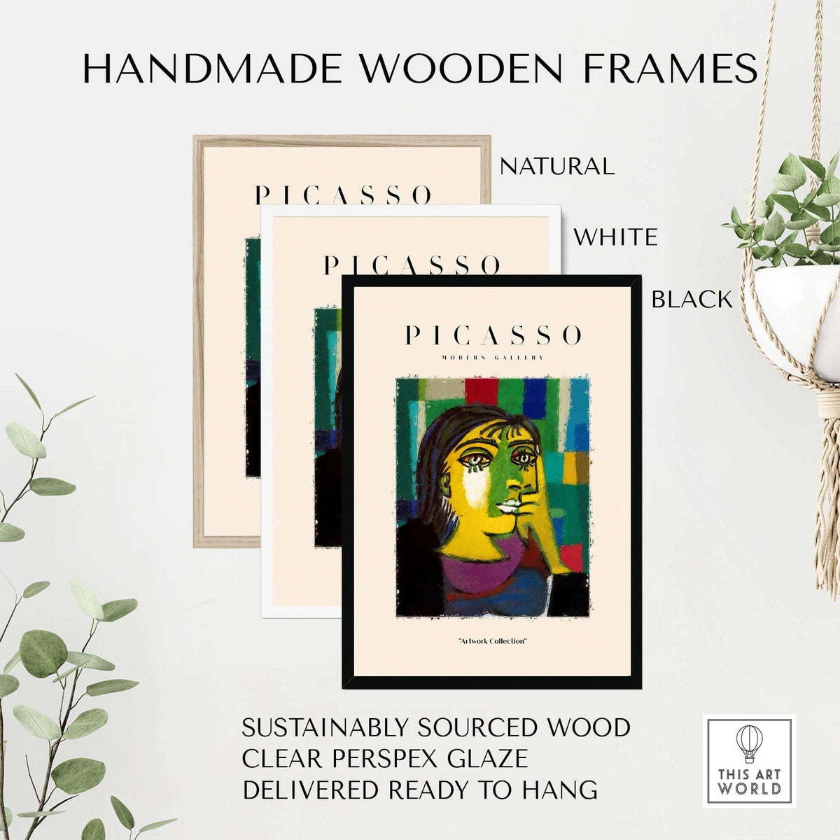 Picasso Contemplative Woman Abstract Art Print Colorful Portrait Poster Artwork Collection in handmade wooden frames