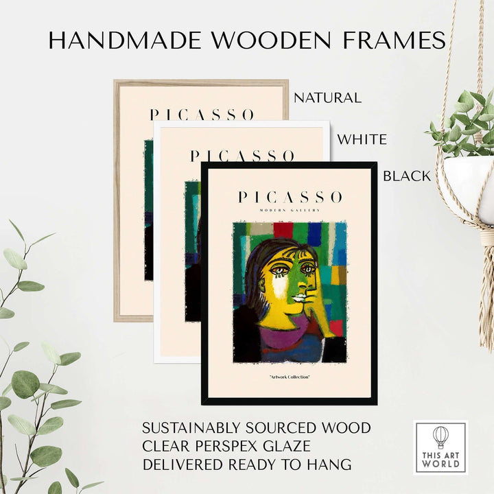 Handmade wooden frames in natural, white, and black for Picasso art prints, made from sustainably sourced wood.