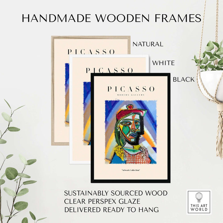 Handmade wooden frames for Picasso art prints in natural, white, and black finishes, featuring clear perspex glaze.