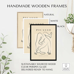 Picasso Contorted Figure Abstract Pose Line Art Modern Gallery Poster Wall Art displayed in handmade wooden frames.