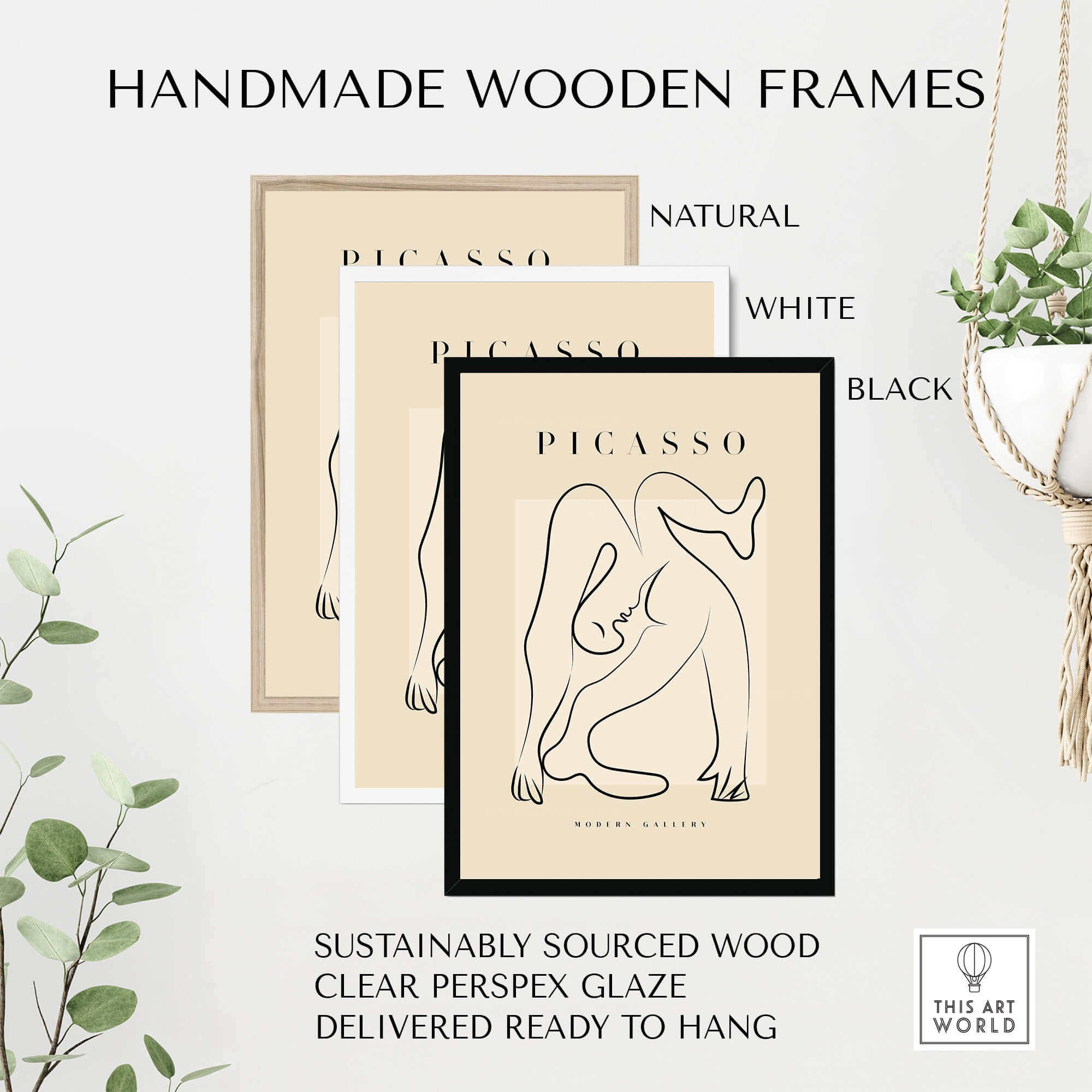 Picasso Contorted Figure Abstract Pose Line Art Modern Gallery Poster Wall Art displayed in handmade wooden frames.