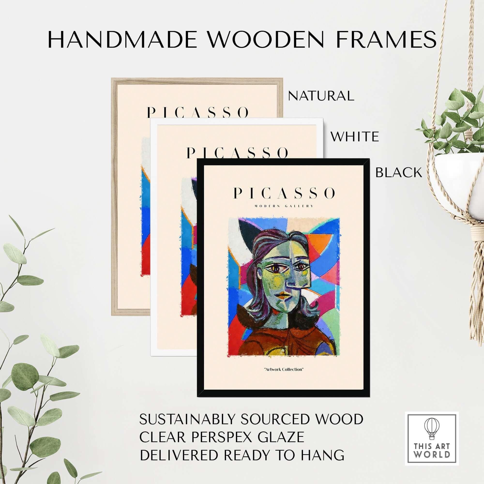 Handmade wooden frames in natural, white, and black colors showcasing Picasso Woman Portrait Fragmented Abstract Poster Colorful Artwork Print Modern Gallery