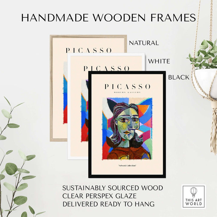 Handmade wooden frames in natural, white, and black colors for Picasso portrait prints, sustainably sourced and ready to hang.