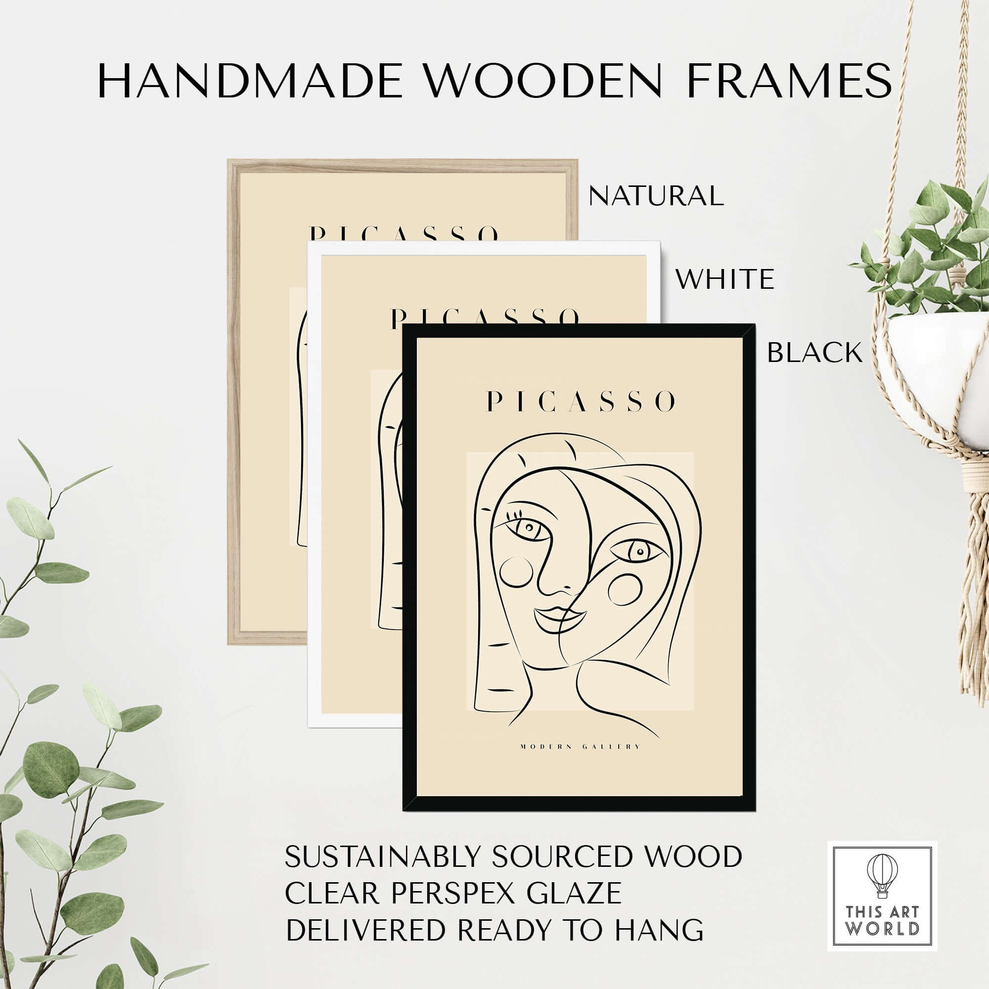 Handmade Wooden Frames for Picasso Smiling Double Face Abstract Portrait Line Art Modern Gallery Poster Print