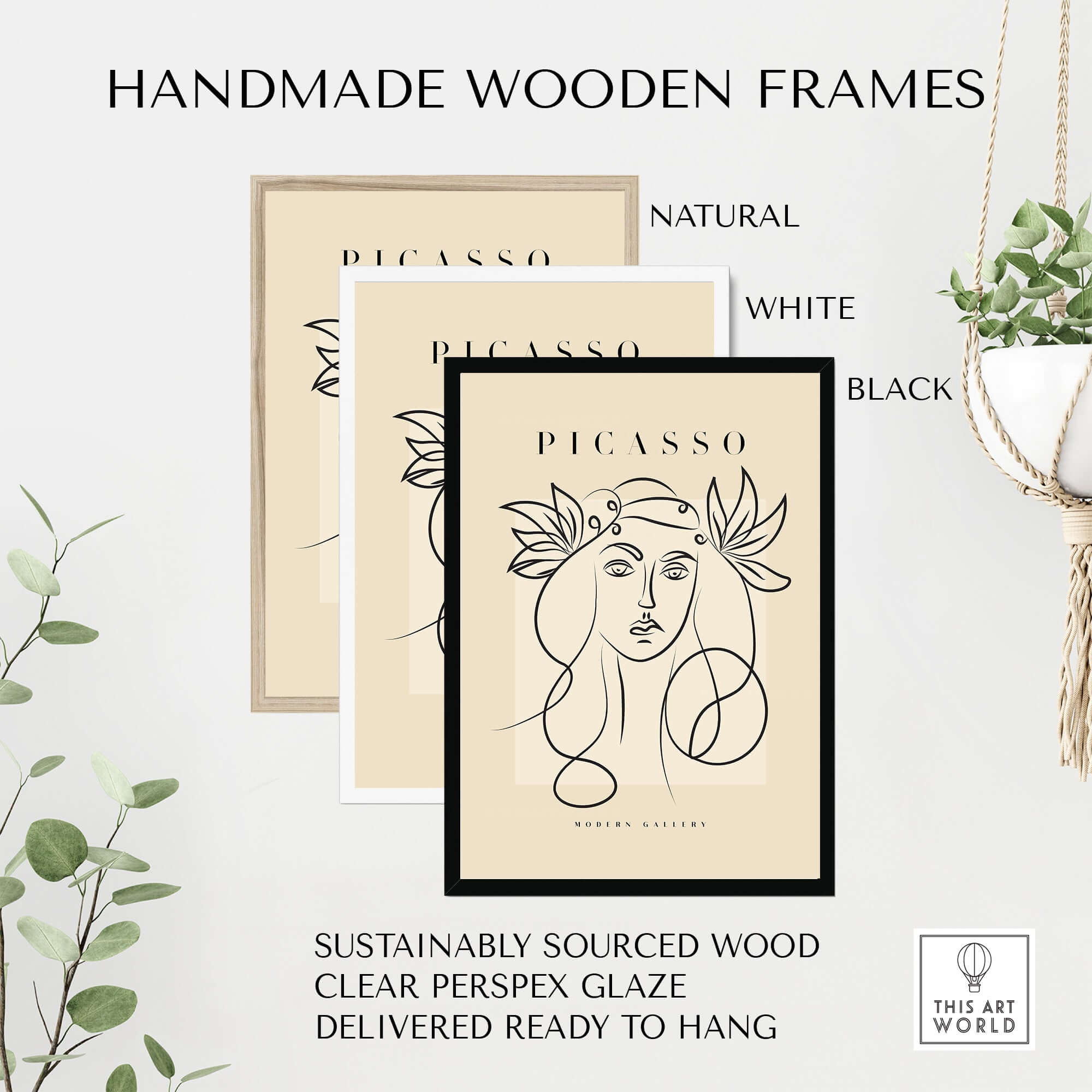 Picasso Line Art Woman Leaf Crown Modern Gallery Wall Art Poster with handmade wooden frames in natural, white, and black