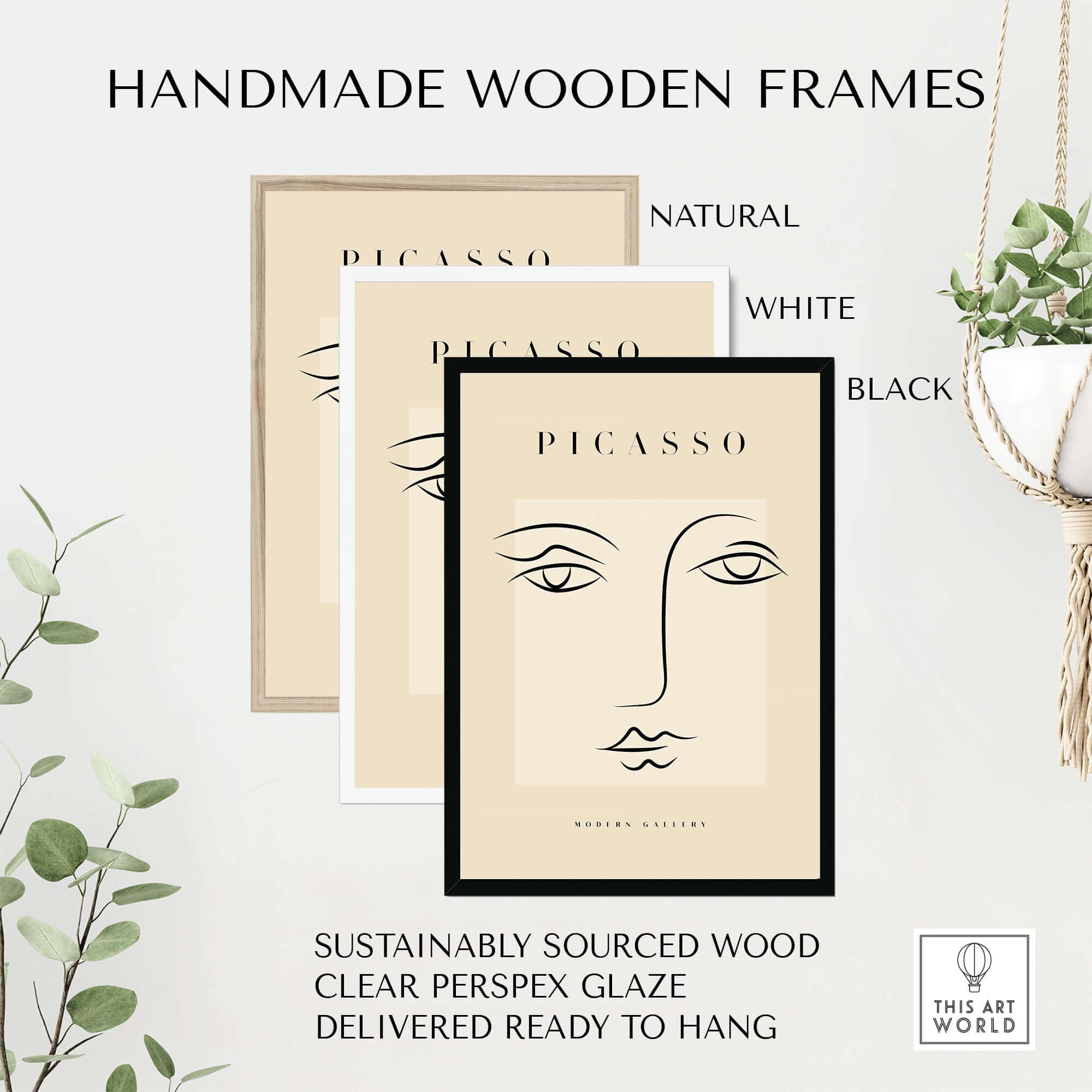 Handmade wooden frames in natural, white, and black for Picasso Minimalist Face Outline Line Art Simple Abstract Poster Modern Gallery Print.