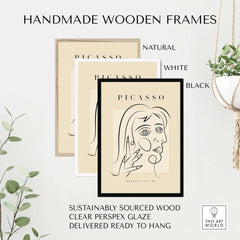 Picasso Face Profile Abstract Woman Line Art Modern Gallery Poster Wall Art displayed in handmade wooden frames.