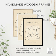 Picasso Line Art Face Dove Minimalist Modern Gallery Poster Print framed in handmade wooden frames in natural, white, and black.