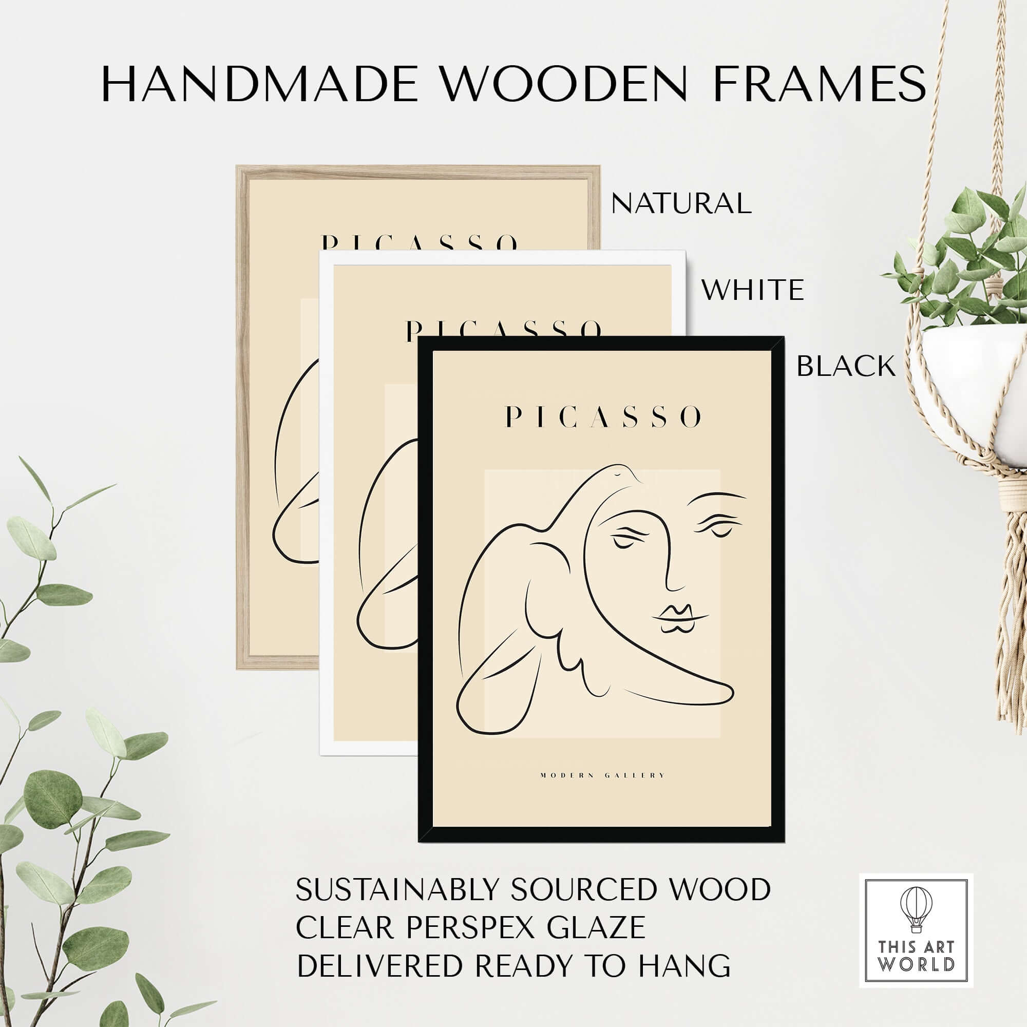 Picasso Line Art Face Dove Minimalist Modern Gallery Poster Print framed in handmade wooden frames in natural, white, and black.