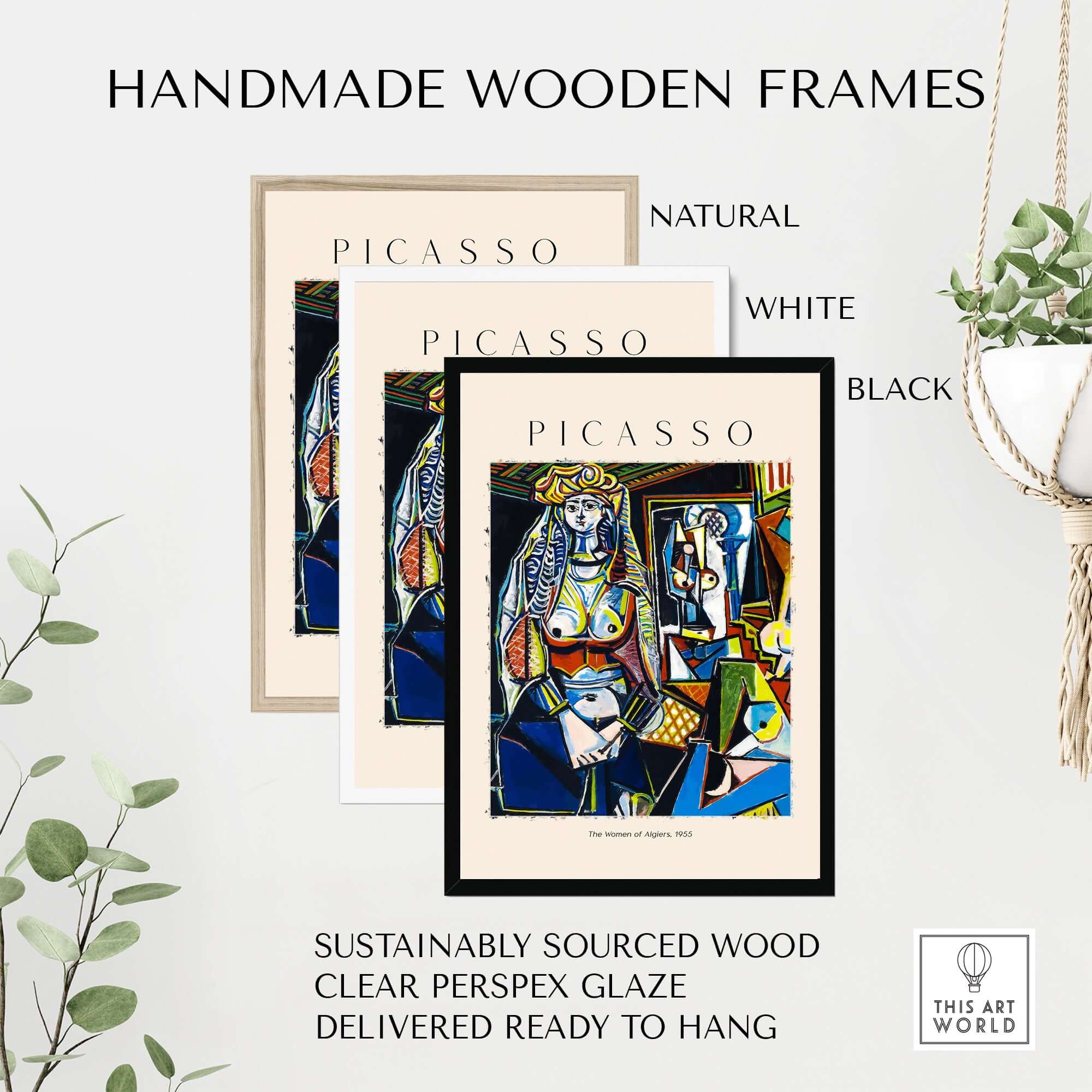Handmade wooden frames for Picasso The Women of Algiers 1955 Art Print in natural, white, and black colors.